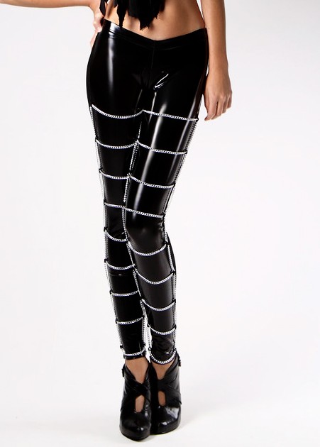 Women wet look metal chain leggings tight pants